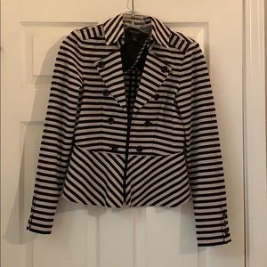 Tan and black striped peplum zipper blazer